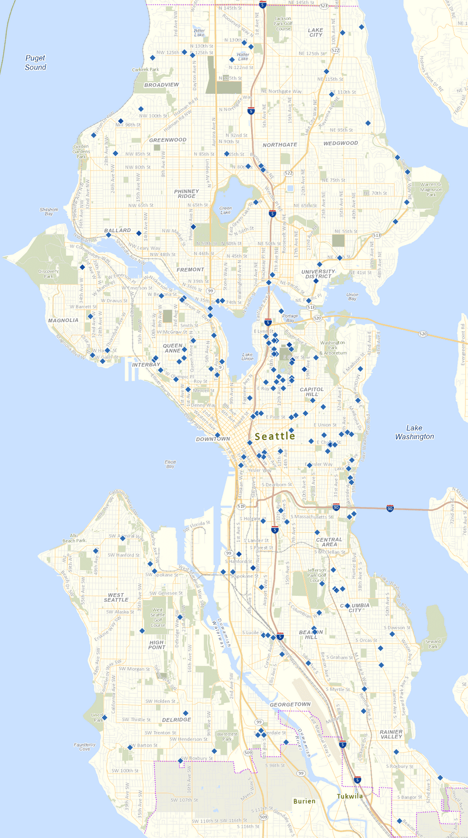 Map showing the location of pending pothole locations in the city of Seattle. Many blue dots line the map throughout the city, indicating pending pothole locations.