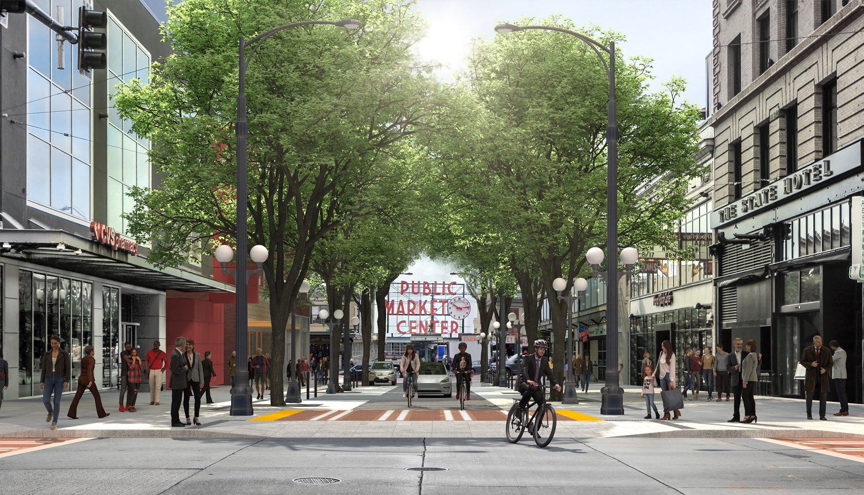 Rendering and visualization with people biking and walking along the street and sidewalk. Large trees and buildings are in the center and sides of the image.
