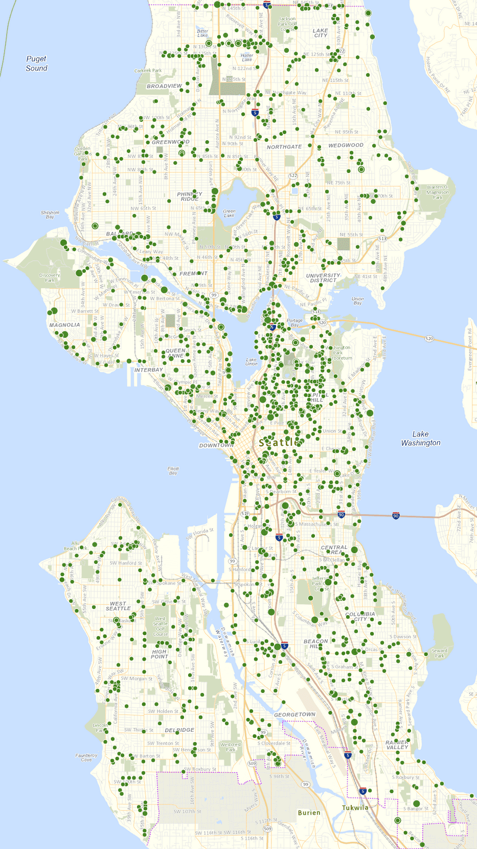 Map showing the location of recently filled potholes in the city of Seattle. Many green dots line the map throughout the city, indicating where potholes have been recently filled.