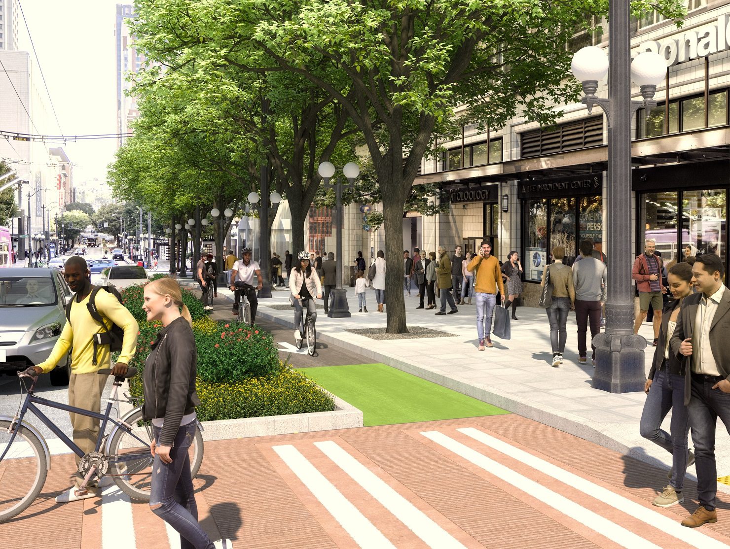 Rendering and visualization of sidewalk, crosswalk, and protected bike lane, with people walking and biking. Large trees, planter beds, and buildings are in the background.