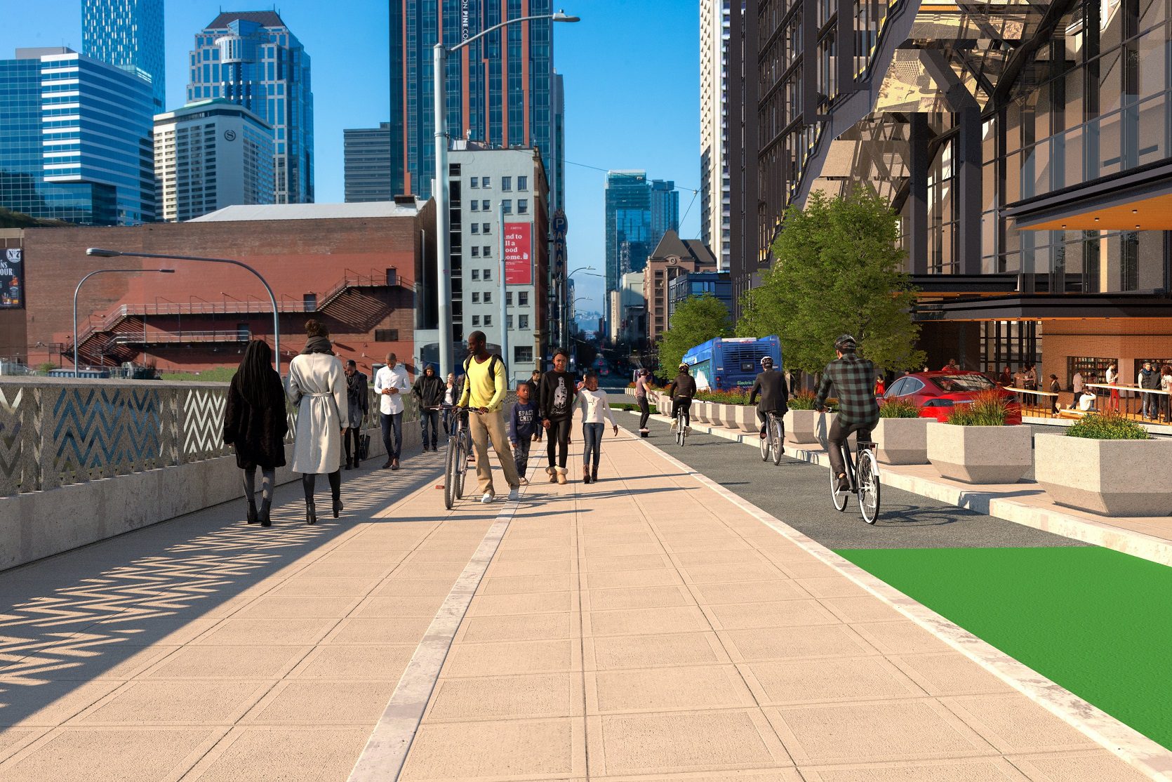 Rendering and visualization of people walking along the sidewalk and biking in a bike lane on a sunny day. Large buildings are visible in the background as well as trees and planter boxes to the right.
