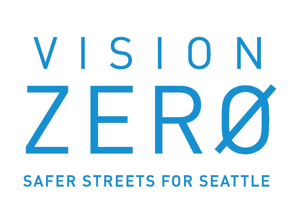 SDOT's Vision Zero logo. The image says "Vision Zero safer streets for Seattle" in blue letters.