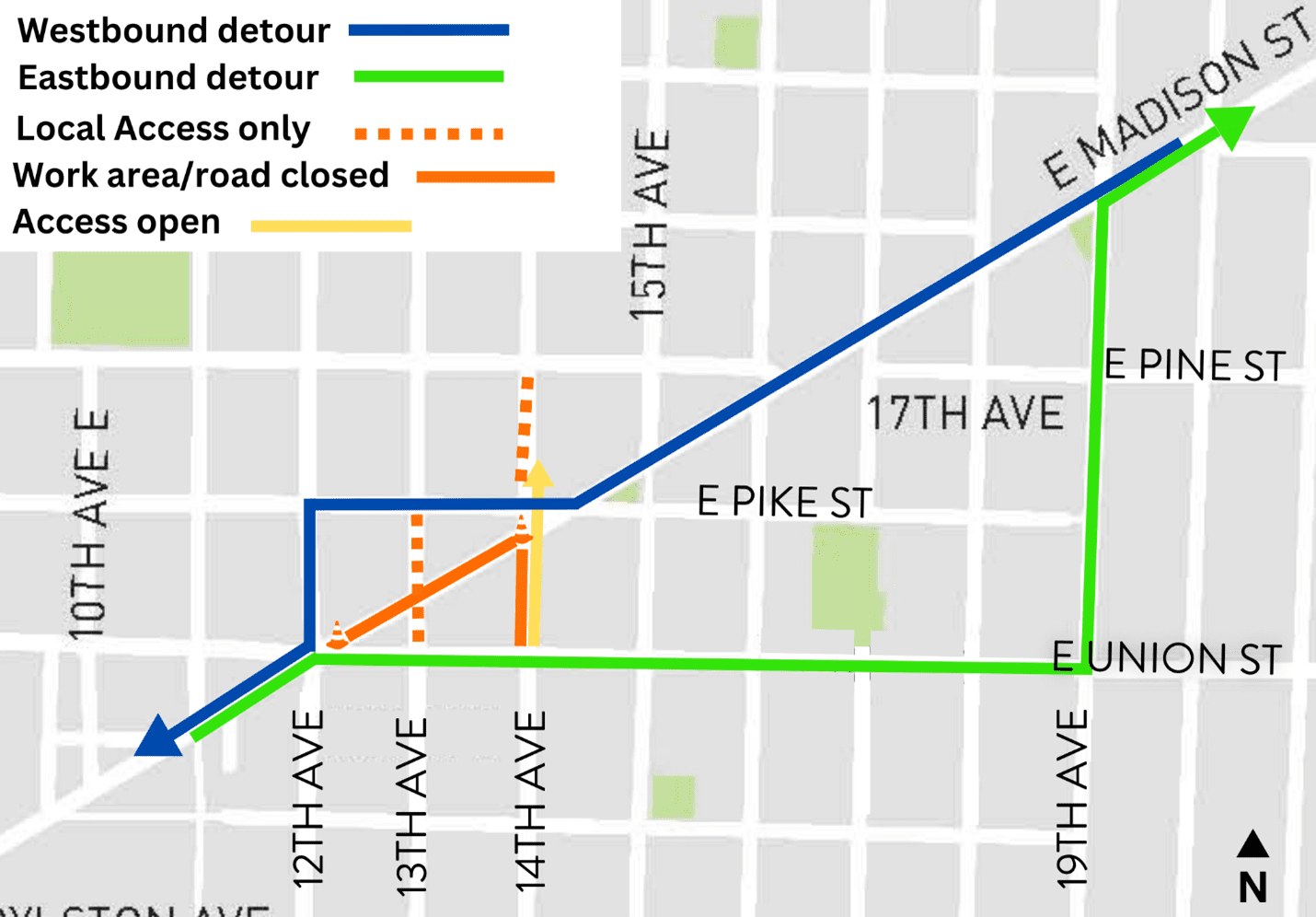 Map showing the closure are along E Madison St, from 12th Ave to 14th Ave. The map indicates a westbound detour via E Pike St and 12th Ave; an eastbound detour via E Union St and 19th Ave; local access only near the construction area, and where access remains open along 14th Ave.