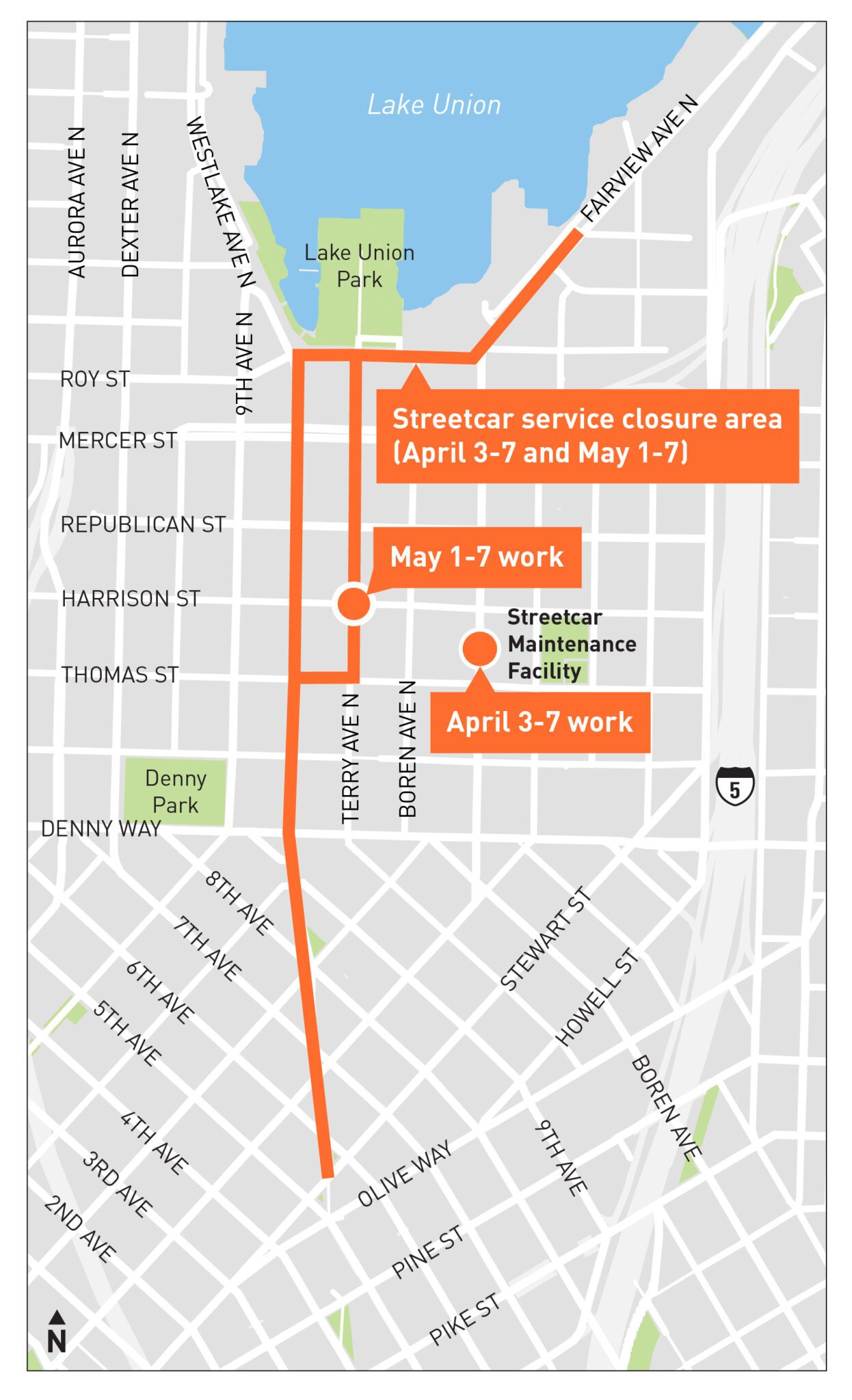 Map describing the extend of upcoming Seattle Streetcar South Lake Union Line closures. The full line will be closed on April 3-7 and May 1-7, 2023.