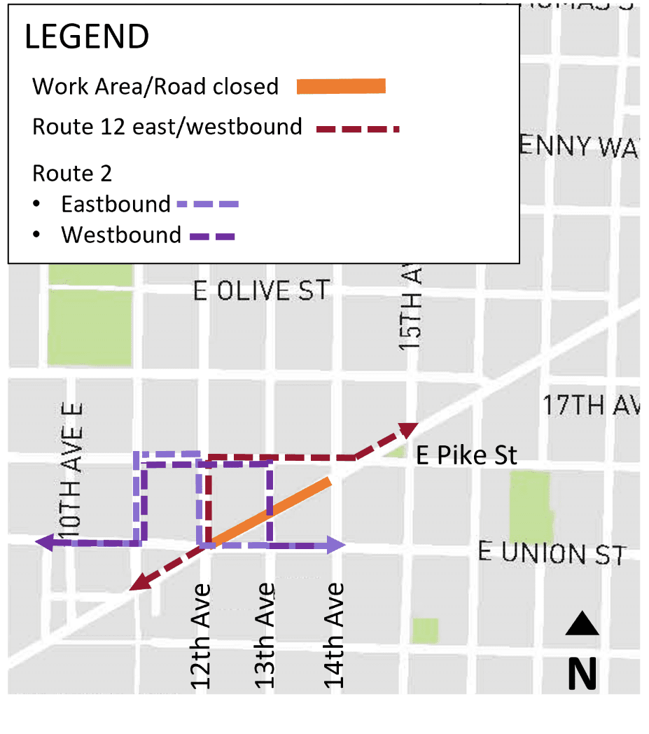 Detour route for buses. the graphic shows the closure area along E Madison St from 12th Ave to 14th Ave in orange, as well as the Route 12 east-west detour route and the Route 2 eastbound and westbound detour routes, near E Madison St.