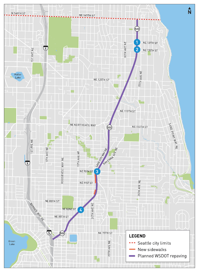 Map shows Lake City Way, including location of WSDOT repaving from I-5 to Seattle city limits at NE 145th St on 522 (Lake City Way). New sidewalks and the intersections SDOT improved are shown on the map (described in the blog post).