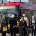 Executive General Manager Adiam Emery speaks at the RapidRide H Line opening celebration. Other speakers included King County Metro General Manager Michelle Allison, King County Executive Dow Constantine, v Executive Director of the White Center Food Bank Carmen Smith, King County Councilmember Joe McDermott, Mayor of Burien Sofia Aragon, and Seattle City Councilmember Lisa Herbold.