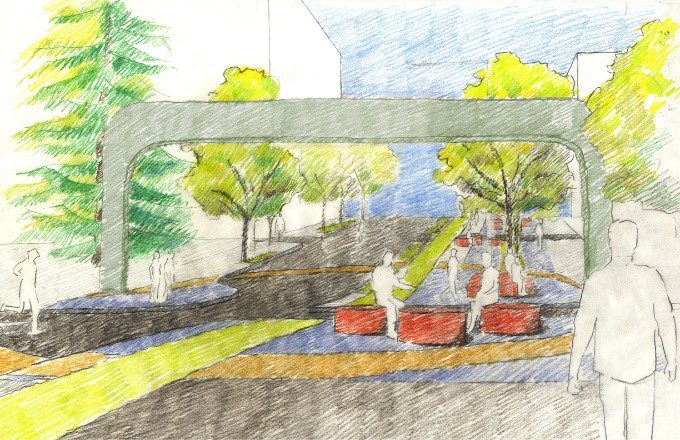 An artist’s drawing of early design concepts for Bell St improvements between 1st and Elliott avenues.  