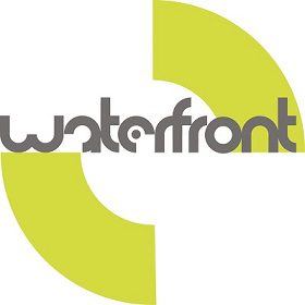 Waterfront logo. The word Waterfront is in the center, with two partial yellow circles to the upper right and lower left.