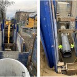 Two side-by-side images of construction of an underground stormwater storage tank. Large and heavy equipment and people work at these construction sites.