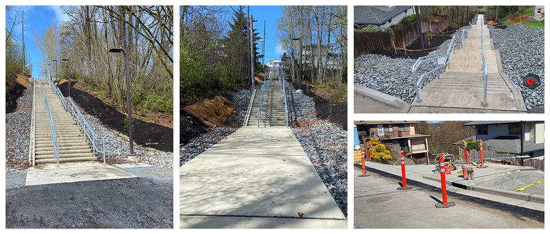 Three photos of a new outdoor stairway, with a fourth photo showing it under construction with orange construction posts.