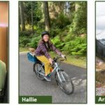 A photo collage of three people, one sitting with his dog, another biking outside, and the third wearing personal protective equipment.