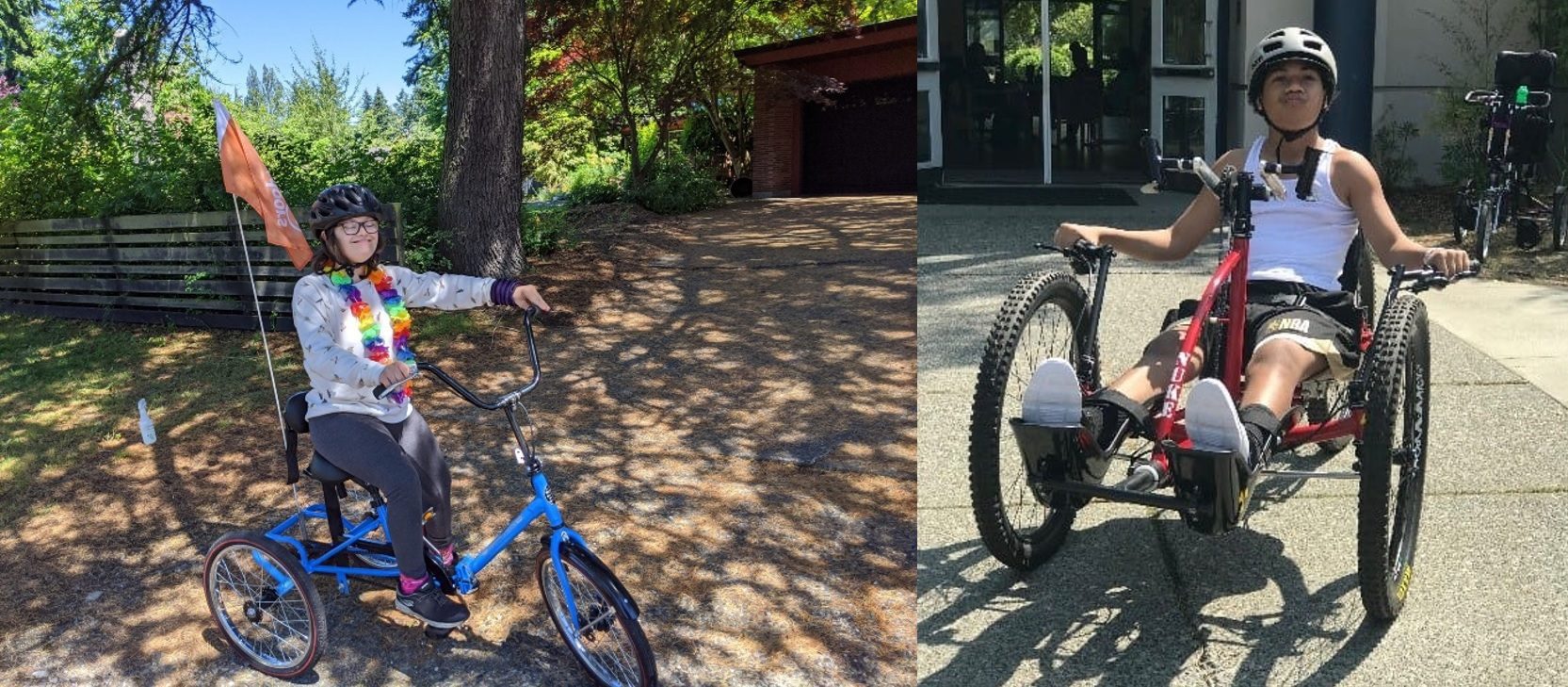 Two photos of people riding adaptive cycles outdoors. The person on the left is riding in front of several large trees and a fence. The person on the right is riding on a cement walkway.