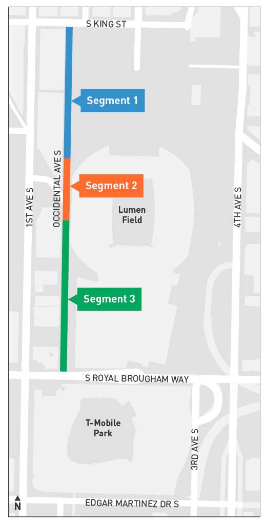 Map of streets near Lumen Field. Along Occidental Ave S, Segment 1 to the north is in blue, Segment 2 in the center is in orange, and Segment 3 to the south is in green. T-Mobile Park is shown to the very bottom of the map.