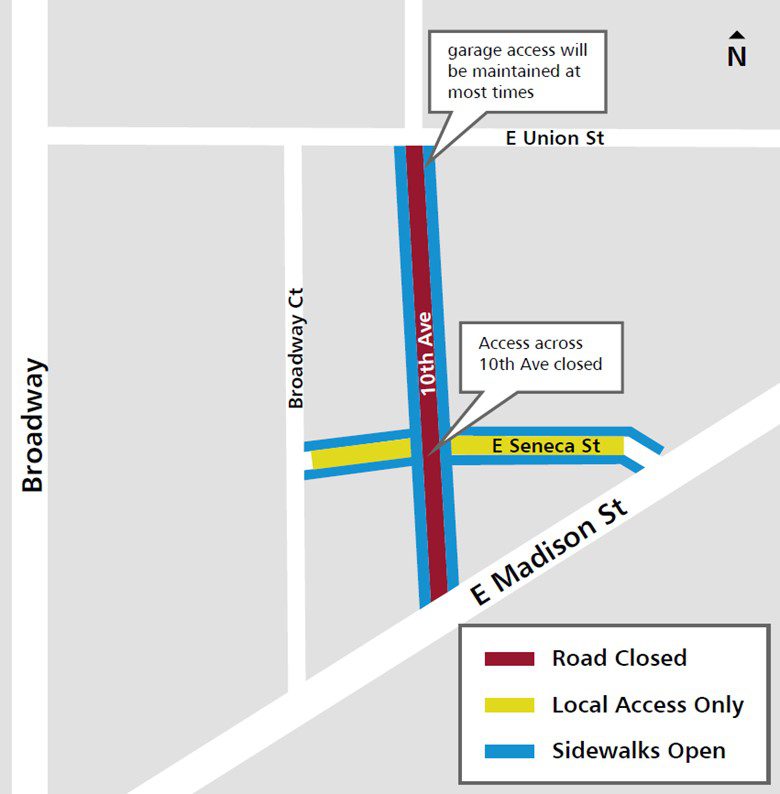 Map graphic showing the location of work. The graphic shows where 10th Ave is closed between E Madison St and E Union St; where local access only will be in place along E Seneca St from Broadway Ct to E Madison St; and where sidewalks will remain open on 10th Ave and E Seneca St.