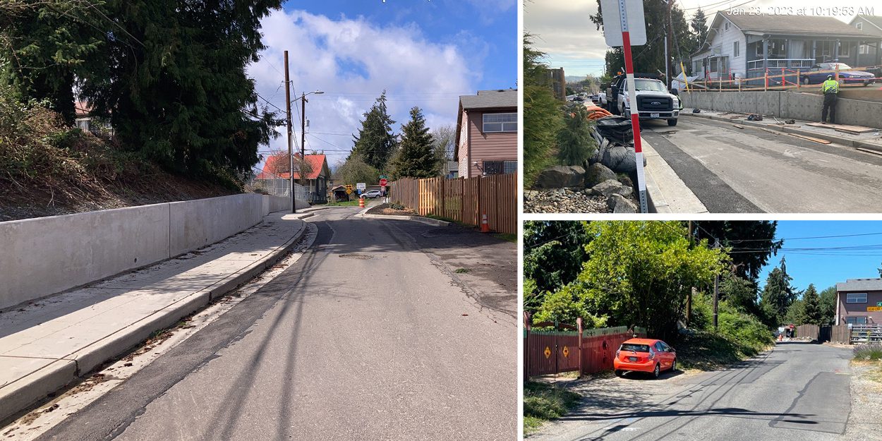 Three photos. Left: A new sidewalk and street with houses, fences, and trees in the background. Upper right: A construction worker and truck working on a sidewalk and retaining wall. Lower right: A parked car, trees, and a section of paved road.