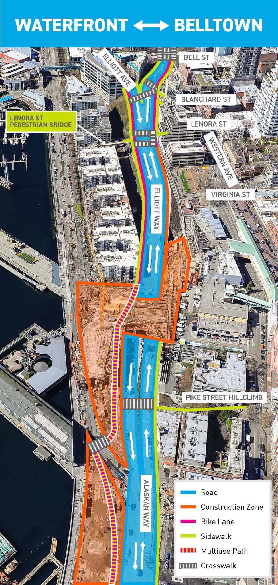 Map graphic highlighting the new Waterfront to Belltown connection, construction zone, bike lanes, sidewalks, multiuse paths, crosswalks, streets, as well as large buildings in the area.