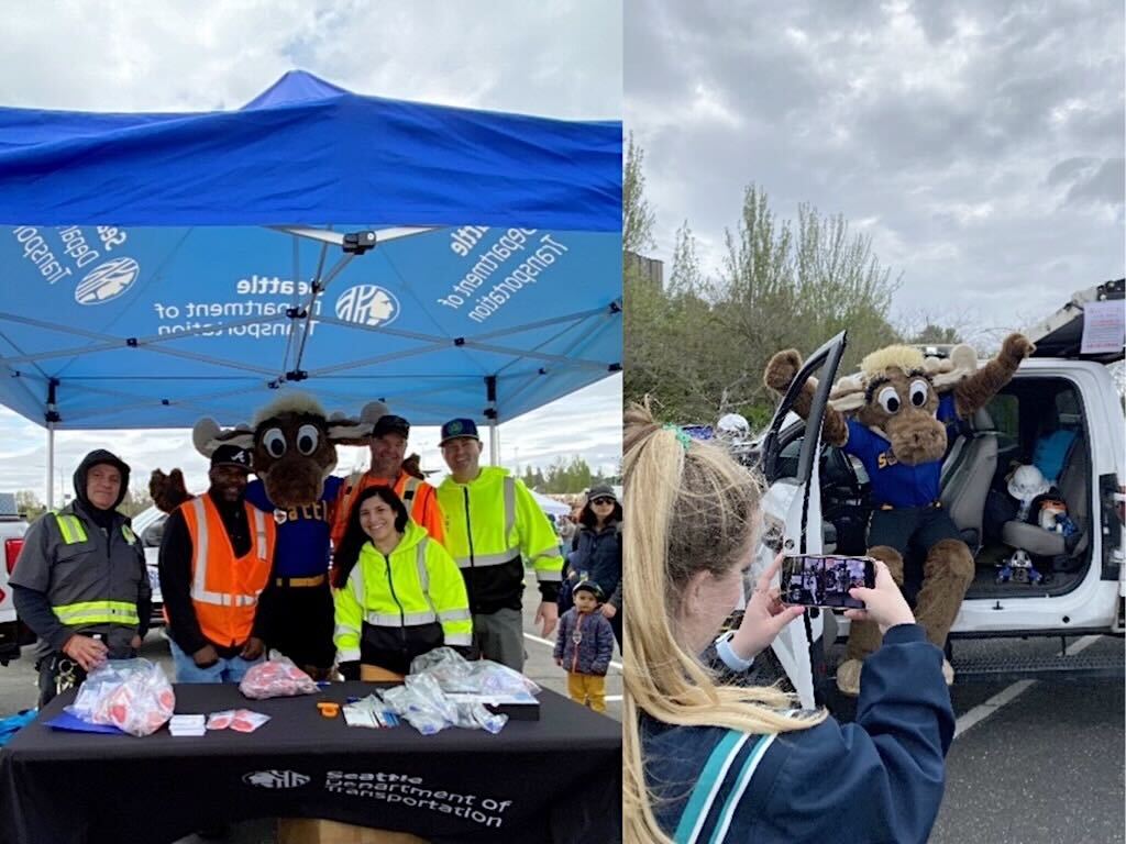 Two photos collaged together. On the left, 5 SDOT staff members pose in the SDOT event booth with the Mariners Moose. On the right, a teenage student takes a picture of the Mariners Moose sitting inside an SDOT Response Team truck.