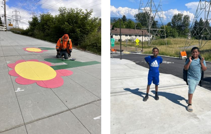 Two photos side by side. On the left, a crew member installing an image of a pink and yellow flower on the sidewalk. On the right, two students smiling while using the new sidewalk on a sunny day.