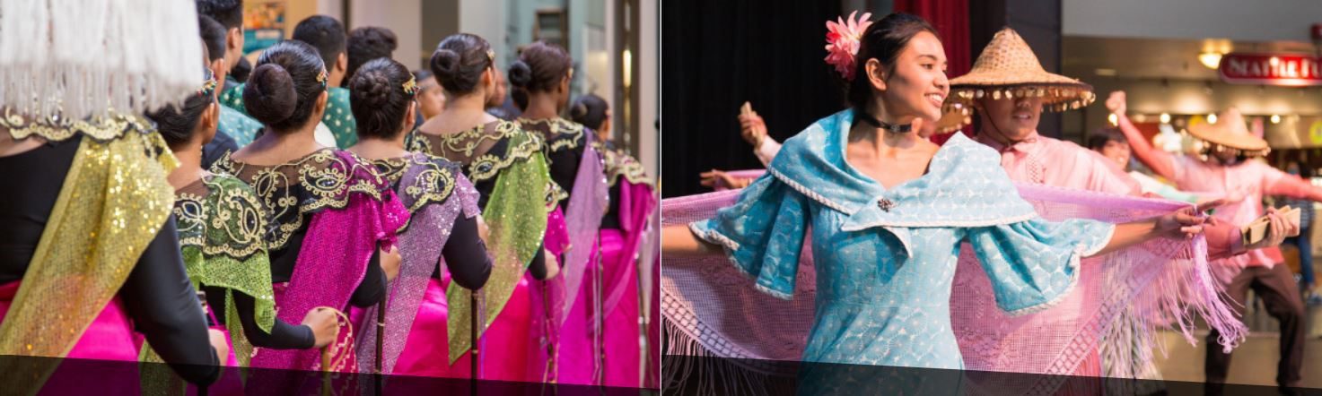 A collage of two photos placed side by side. On the left, a line of performers, photographed from the back, wait to take the stage at the Seattle Center Armory. They wear traditional Filipino dresses in shades of bright pink, green and purple. They hold walking sticks in their right hands. In the photo on the right, a woman in a blue dress holding a pink tasseled scarf smiles as she twirls in front of a man in a pink shirt wearing a traditional straw hat.