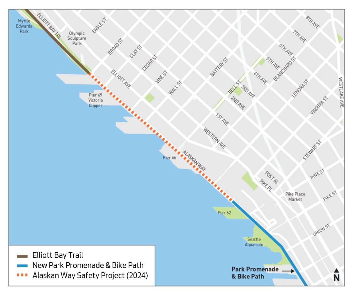 The project area is represented on by a dotted orange line extending from the beginning of the Elliott Bay Trail at Broad Street and the end of the Waterfront Bike Path at Virginia St.