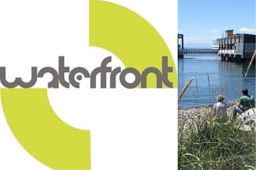 A side by side image collage featuring the Waterfront Seattle logo on the right and a picture of two people sitting on the shore of the Habitat Beach park looking out at the water.