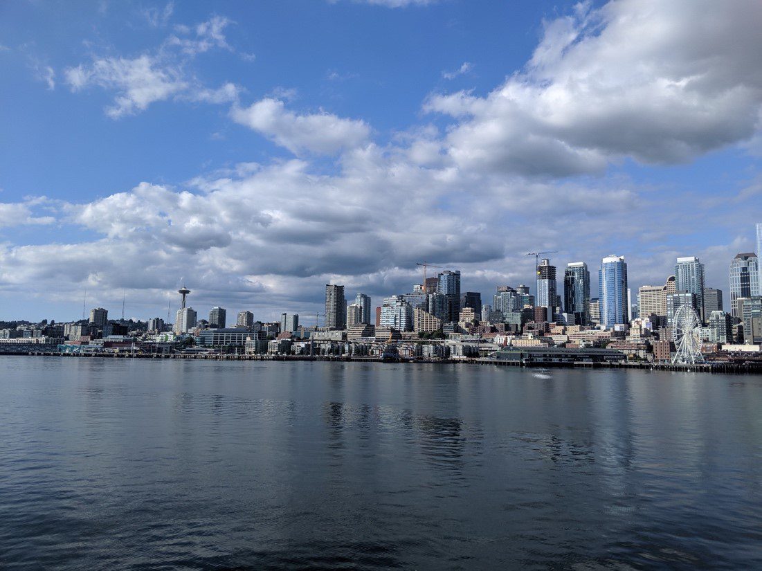 The view of Seattle's waterfront and downtown from across the water, facing north.