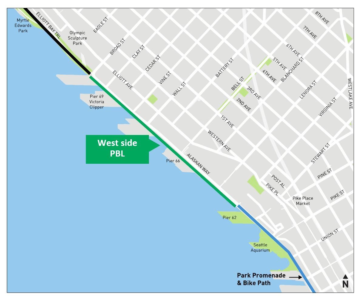 A map showing the location of the west side protected bike lane as a green line along the waterfront, extending from Broad St to Virigina.