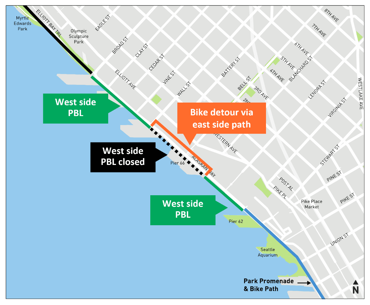 A map showing the portion of the west side protected bike lane that will close and shift on sailing days. The closure area is a black dotted line with the east side bike detour in orange.