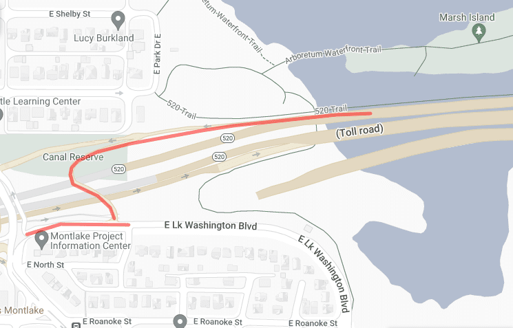 A graphic map of the intersection of 520 and E Lake Washington Boulevard showing the location of the closure. 