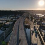 ariel view of the West Seattle Bridge while the sun sets.