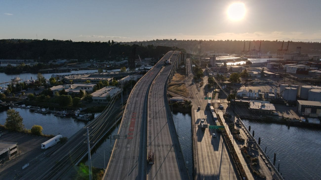 ariel view of the West Seattle Bridge while the sun sets.