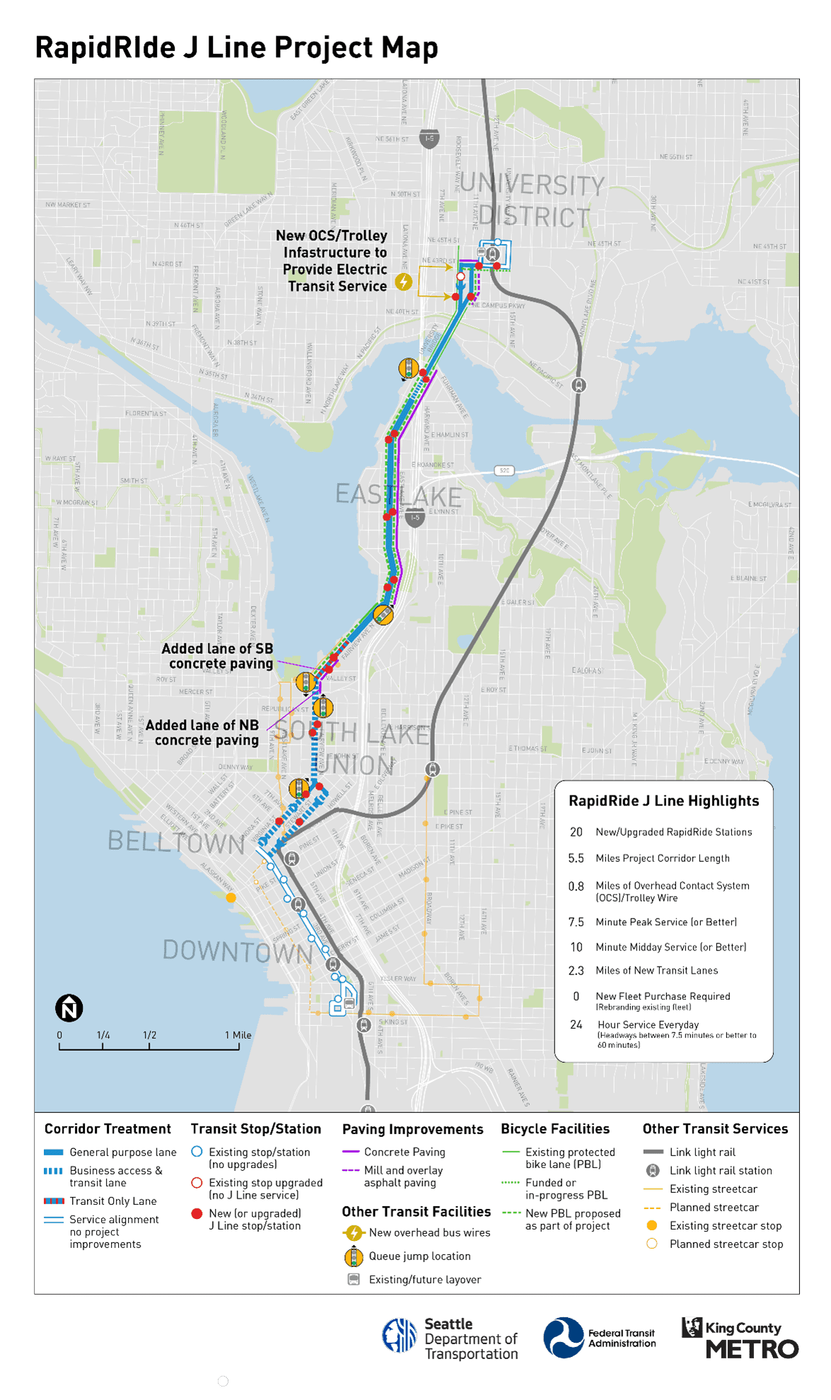 Map showing the route of the future project area. Shows several areas of Seattle, including University District, Eastlake, South Lake Union, Belltown, Downtown.