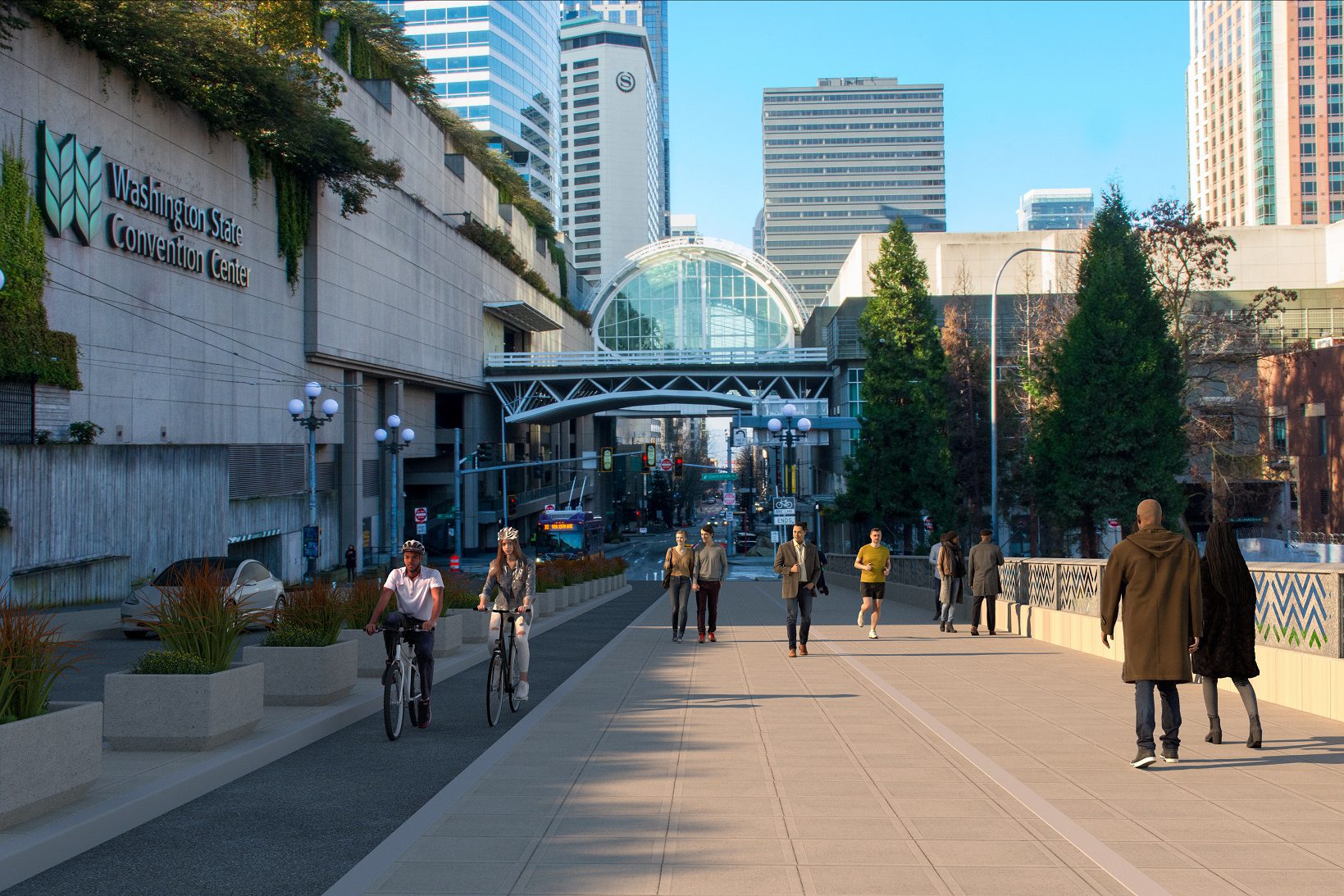 A graphic rendering or visualization of people walking and riding bikes along a large sidewalk and bike area, with large buildings and trees in the background.