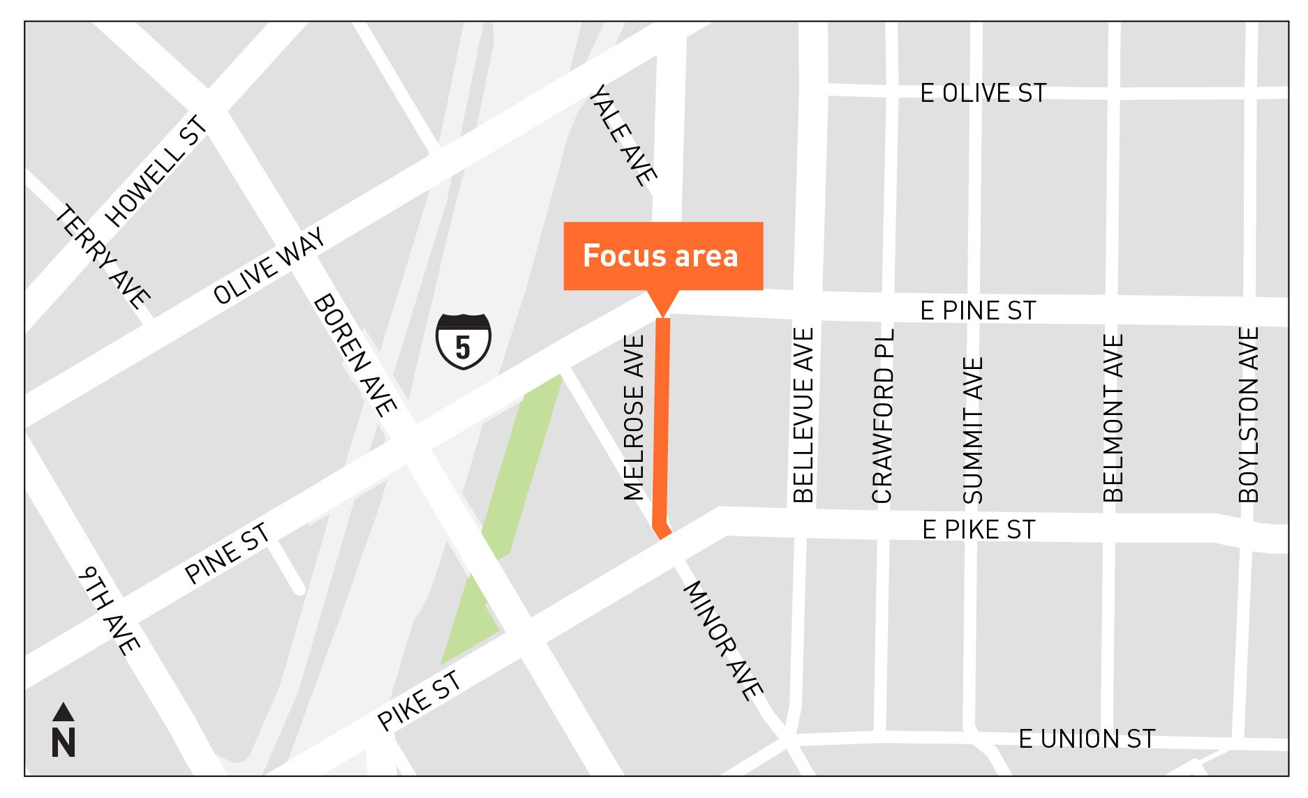 Map showing the focus area for street changes in this blog post. A section of Melrose Ave between E Pike and E Pine St are shown with an orange line that says "focus area".