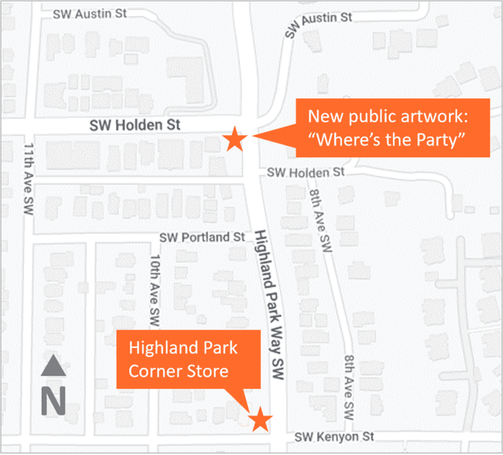 Map showing a new public artwork installation called "Where's the Party" at the corner of SW Holden St and Highland Park Way SW. Also, a community celebration will be held at the Highland Park Corner Store at the corner of SW Kenyon St and Highland Park Way SW.