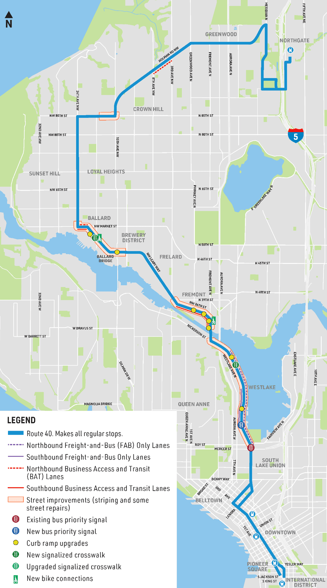 A map of the Route 40 corridor, including key areas of planned improvements at Westlake, Fremont, Ballard, and North Seattle areas.