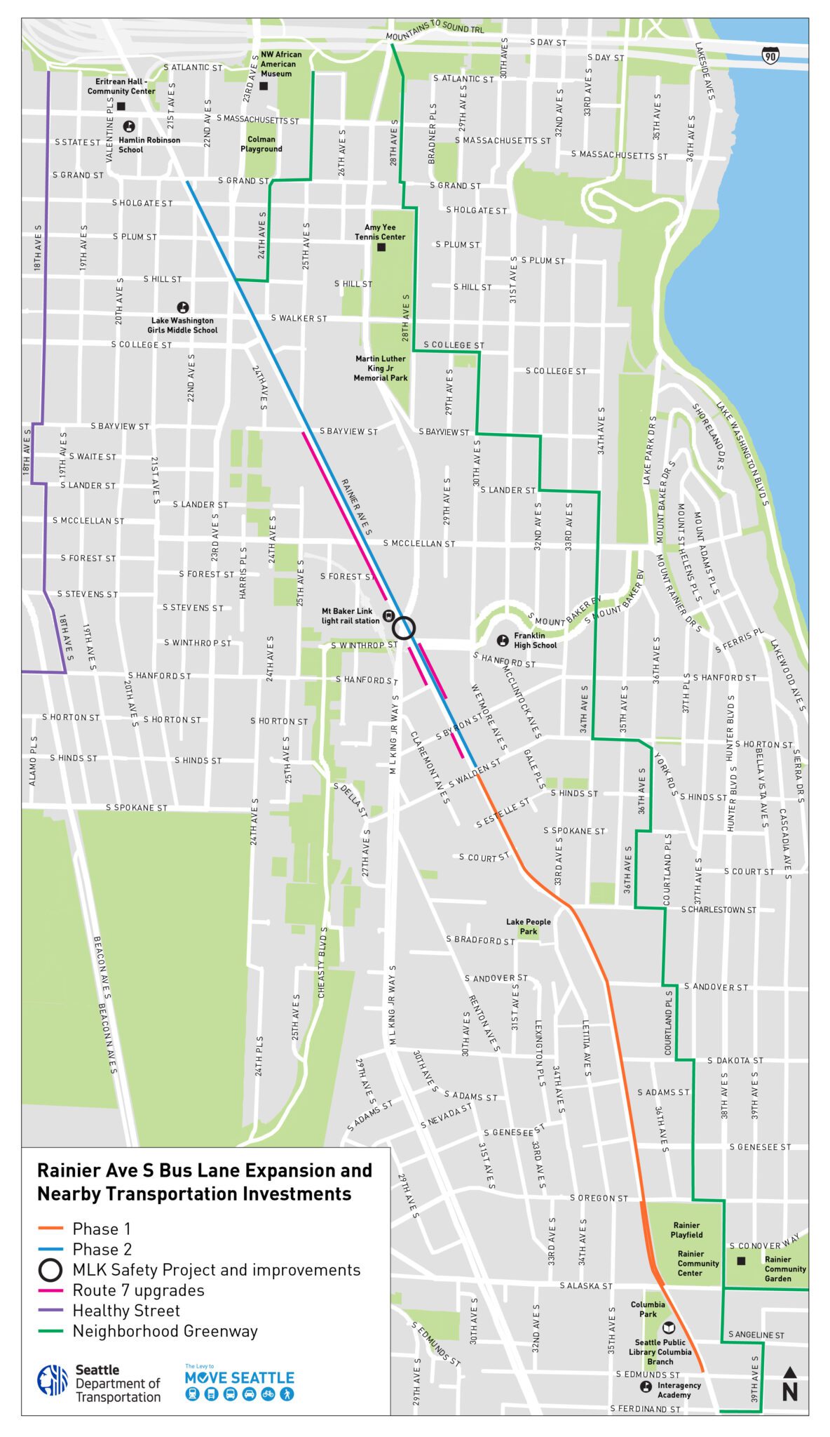 Map of key aspects of Rainier Ave S and surrounding communities in southeast Seattle. Lines show where current and future bus only lanes are along Rainier Ave S. Neighborhood Greenway routes are shown in green lines traveling north to I-90.