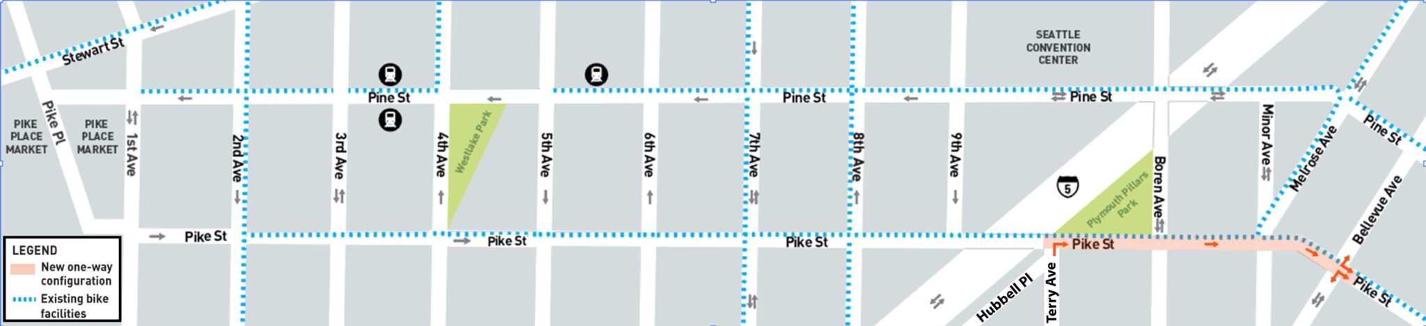 A map showing access for people driving in the Pike and Pine St vicinity, near downtown Seattle. An orange area between Hubbell Pl/Terry Ave and Bellevue Ave on Pike St is shown in orange where work will be taking place.