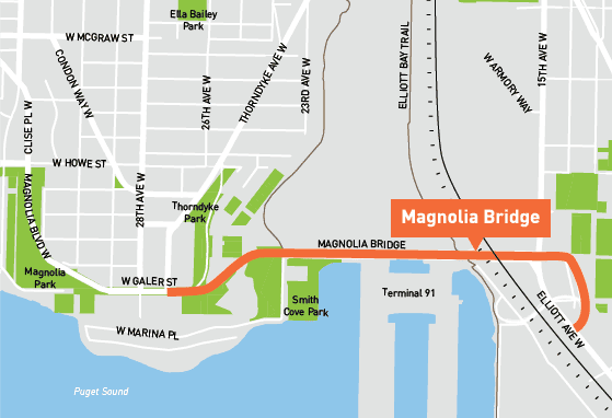 Map showing the location of the Magnolia Bridge in Seattle. The bridge is shown with a large orange line and label.
