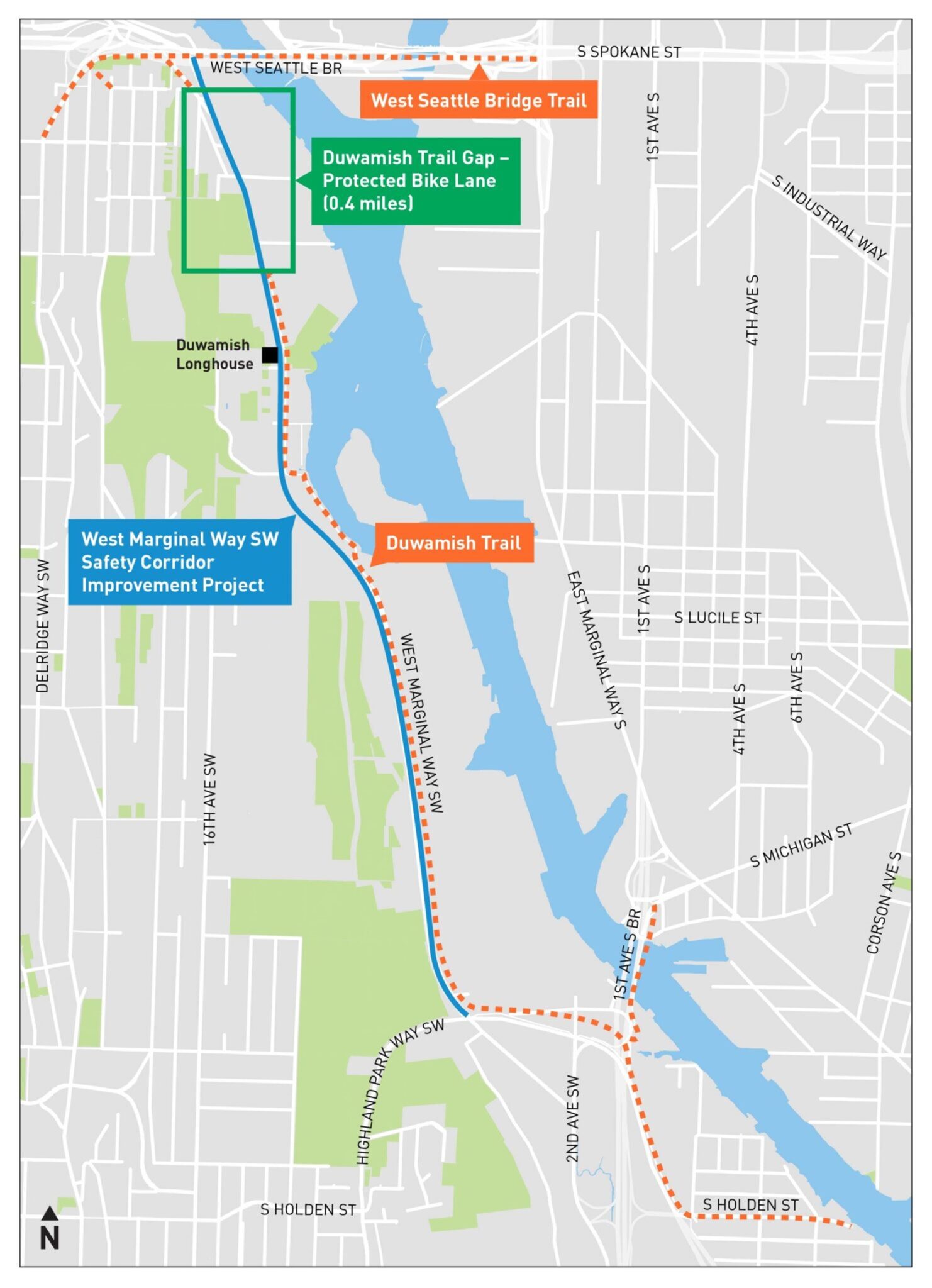 Map graphic showing the West Marginal Way area, including where the project improvements were installed. The main project area is shown with a blue line. The Duwamish Trail is showed in a dotted orange line. A new protected bike lane just south of the West Seattle Bridge is shown in a green box.