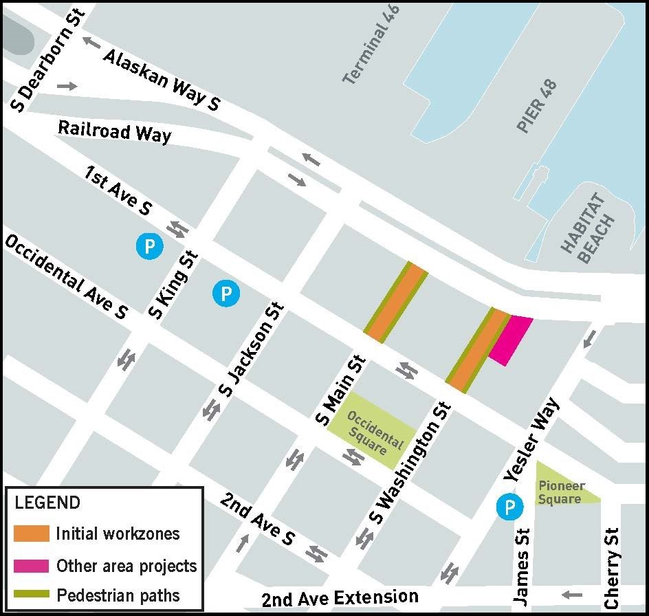 A map showing the initial work areas along S Main St and S Washington St in Pioneer Square, just south of Alaskan Way S. Streets are labeled and other project areas are noted on S Washington St, along with pedestrian paths near the initial work areas.