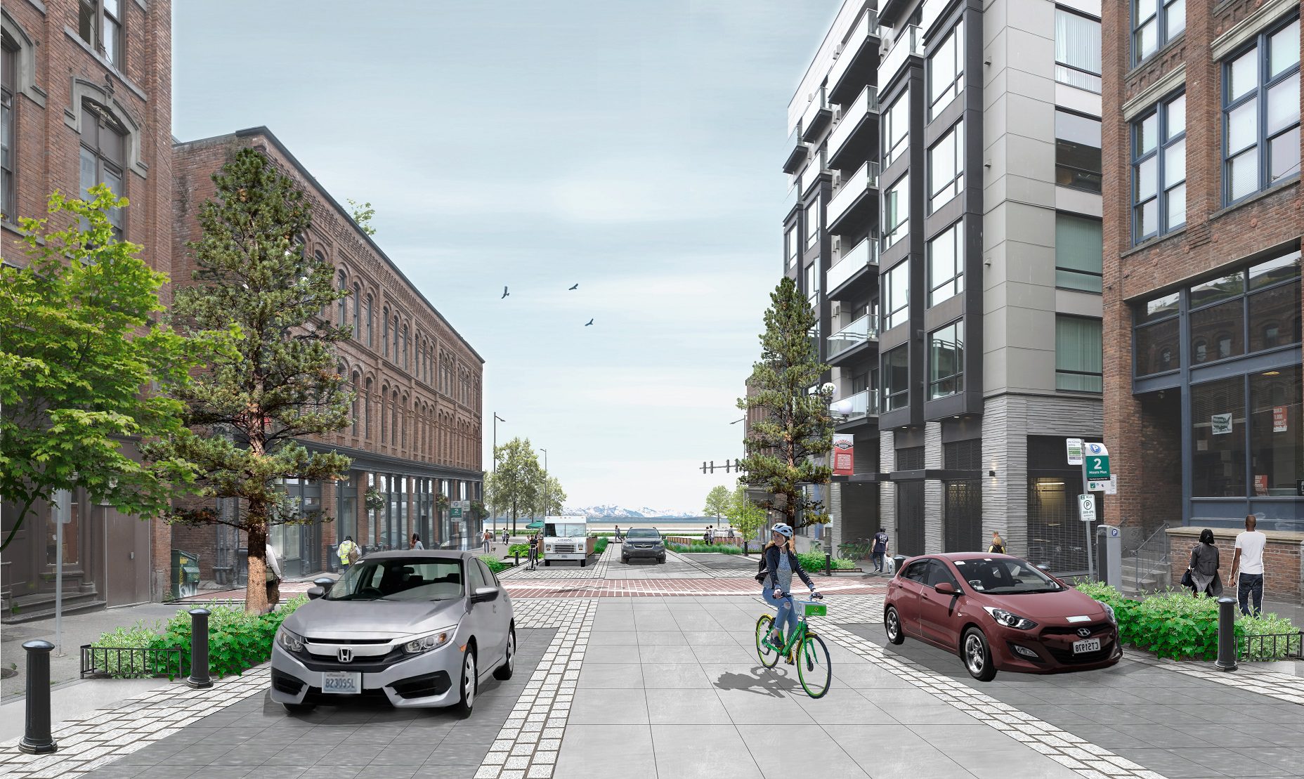 Rendering of a cityscape with large buildings, a person biking, trees, and parked cars on a partly sunny day.