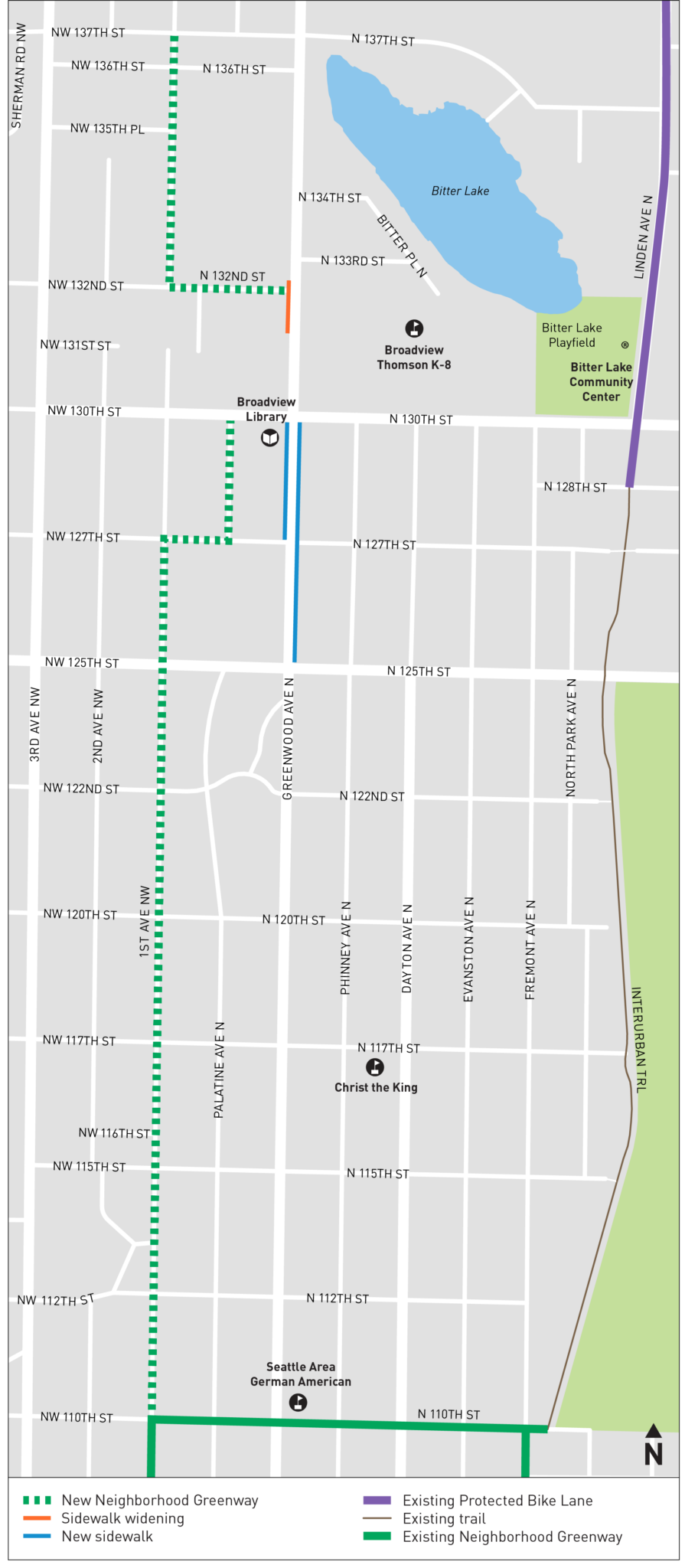 Map showing the location of improvements near Broadview Thomson K-8 School in Seattle. New sidewalks along Greenwood Ave N, between N 125th St and N 130th St on the east side, and between N 127th St and N 130th St on the west side, are shown in blue.