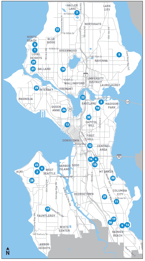 Map showing the locations of Safe Routes to School safety and infrastructure improvements all across the city of Seattle at 31 locations. Blue dots show where the locations are.