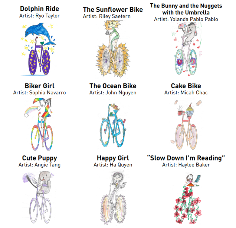 Image of artwork by Seattle students, showing animals and creatures riding colorful bikes with labels of the title and artist for each.