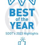 A graphic icon showcasing SDOT's Best of the Year, 2023 highlights. A thumbs up icon in blue shows positivity.