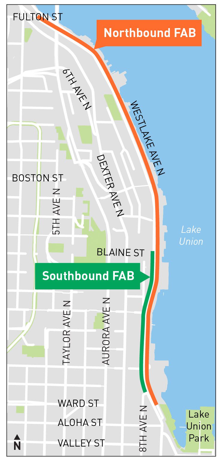 Map showing the area where the future "FAB" lanes will travel along Westlake Ave N, to the west of Lake Union in Seattle.