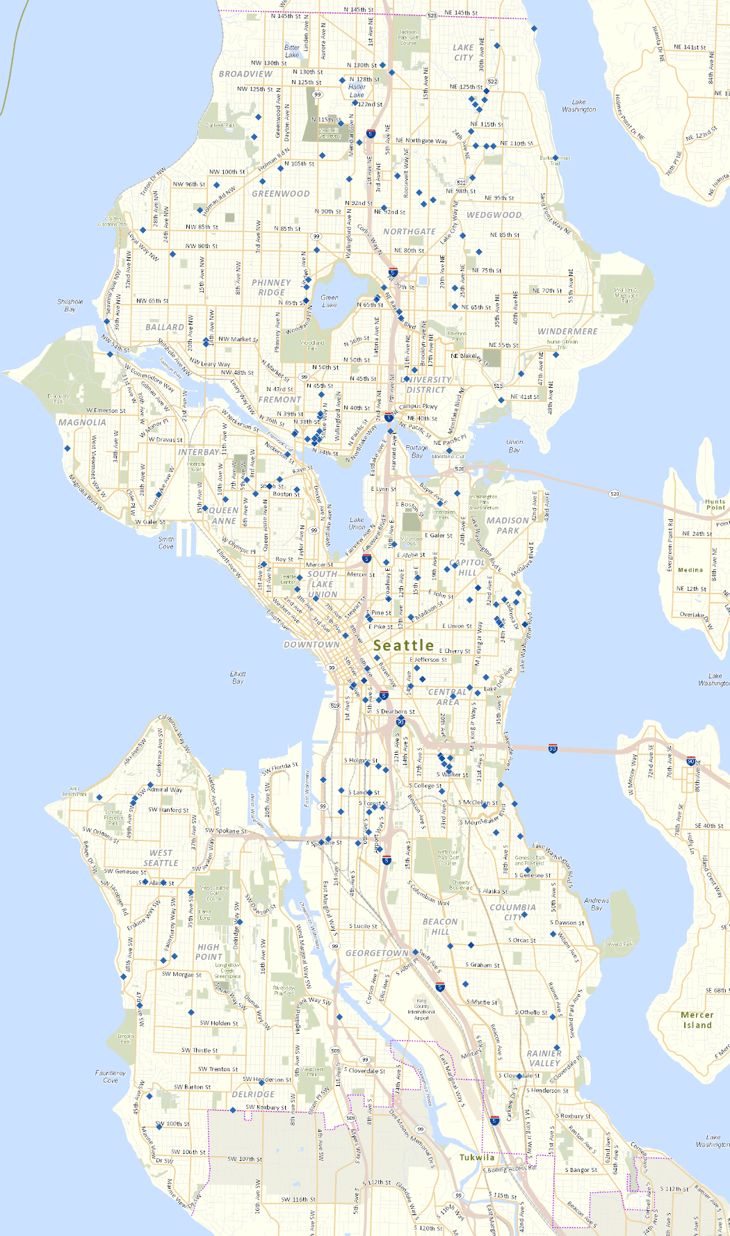 Map graphic with blue dots to show where SDOT crews have been assigned to fill newly reported potholes in Seattle.