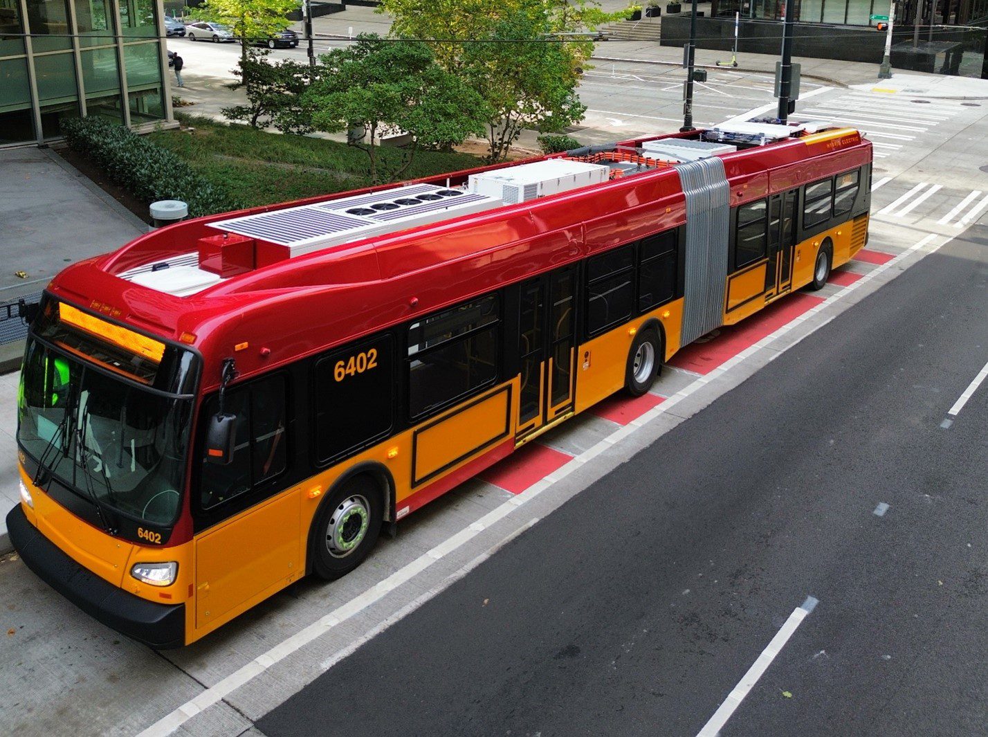 A large red RapidRide bus sits in a red bus only lane in the city. Several trees are in the background.